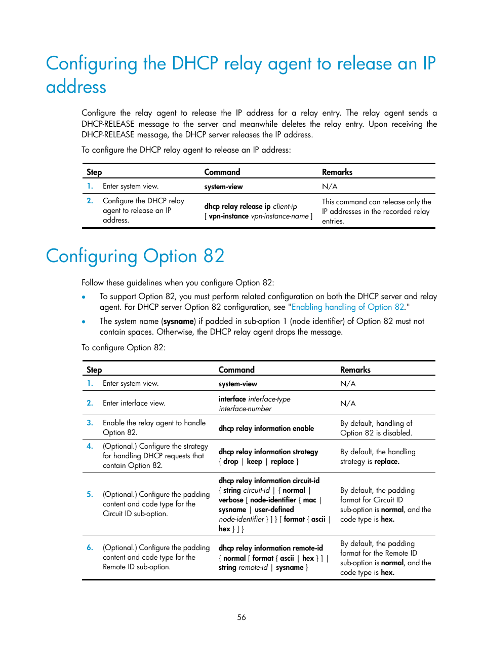 Configuring option 82, Customizing dhcp options | H3C Technologies H3C S12500-X Series Switches User Manual | Page 67 / 206