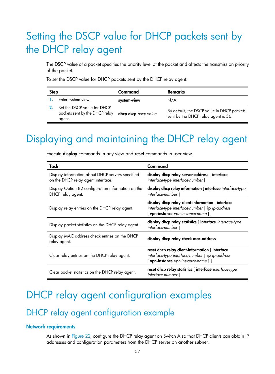 Displaying and maintaining the dhcp relay agent, Dhcp relay agent configuration examples, Dhcp relay agent configuration example | Network requirements, Enabling dhcp | H3C Technologies H3C S12500-X Series Switches User Manual | Page 68 / 206