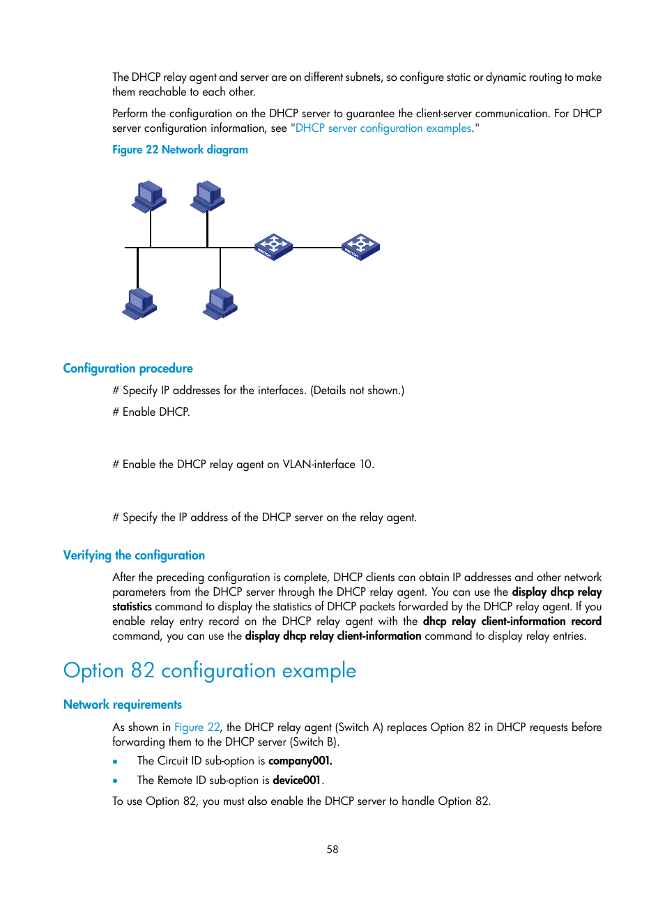 Configuration procedure, Verifying the configuration, Option 82 configuration example | Network requirements, Enabling the dhcp server on an interface, Applying an address pool on an interface | H3C Technologies H3C S12500-X Series Switches User Manual | Page 69 / 206