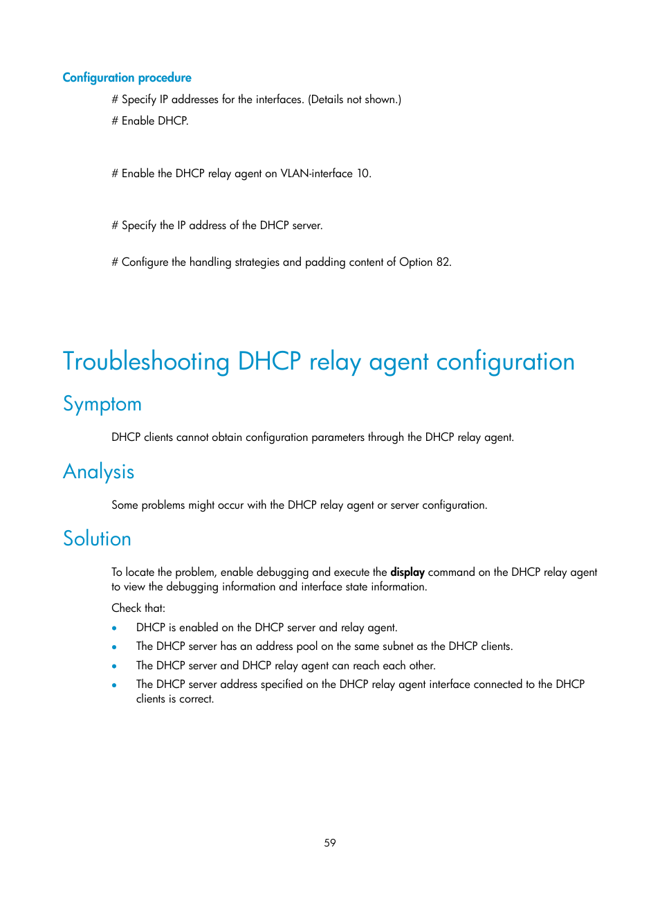 Configuration procedure, Troubleshooting dhcp relay agent configuration, Symptom | Analysis, Solution, Configuring ip address conflict detection | H3C Technologies H3C S12500-X Series Switches User Manual | Page 70 / 206