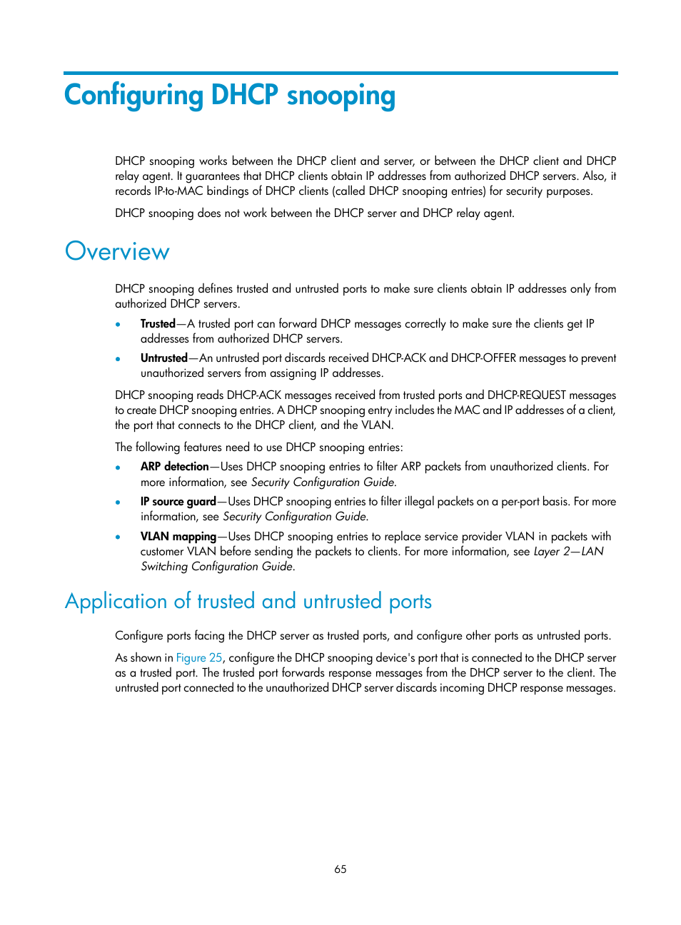 Configuring dhcp snooping, Overview, Application of trusted and untrusted ports | Dhcp server configuration examples | H3C Technologies H3C S12500-X Series Switches User Manual | Page 76 / 206