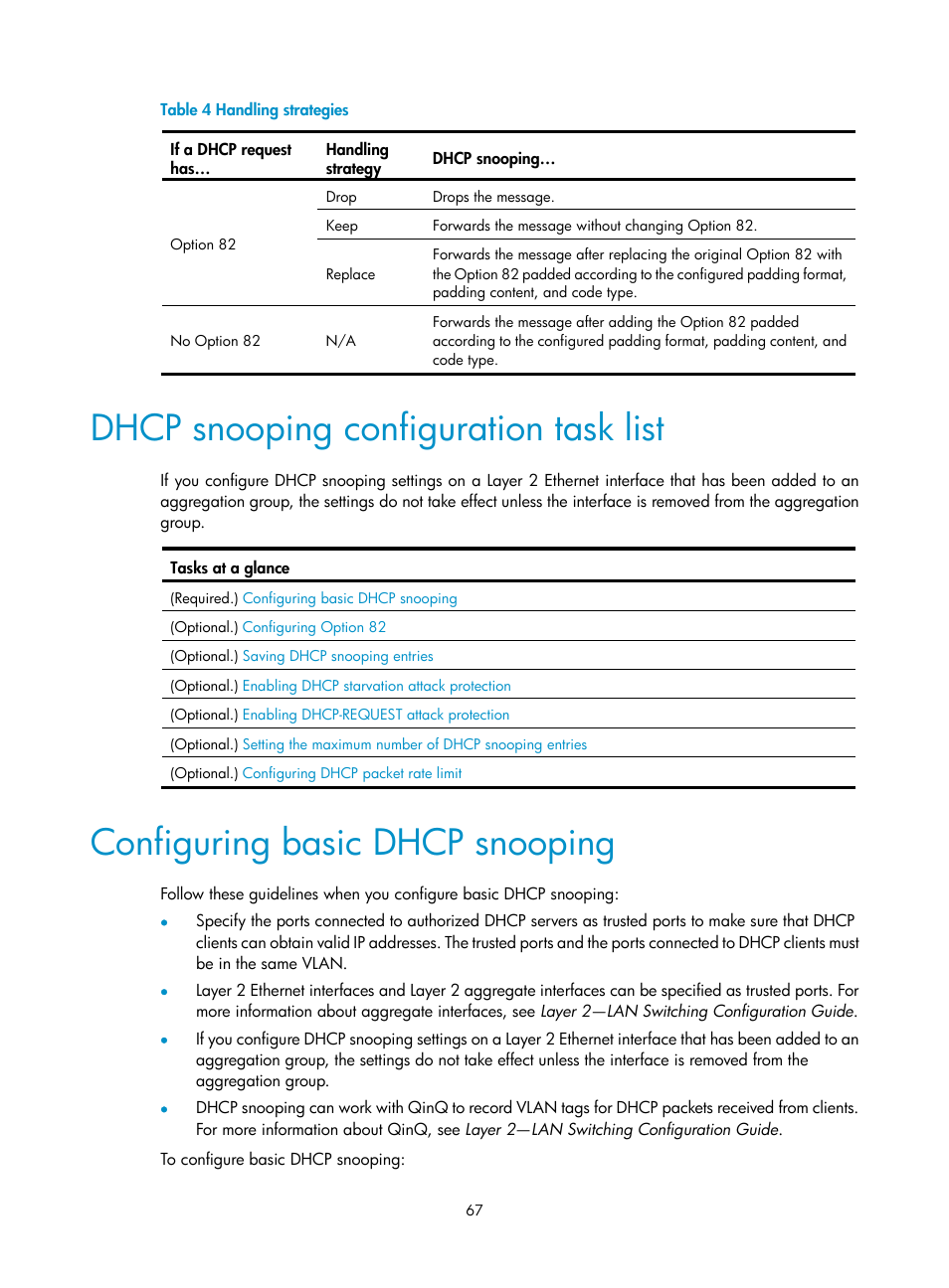 Dhcp snooping configuration task list, Configuring basic dhcp snooping, Table 4 | H3C Technologies H3C S12500-X Series Switches User Manual | Page 78 / 206