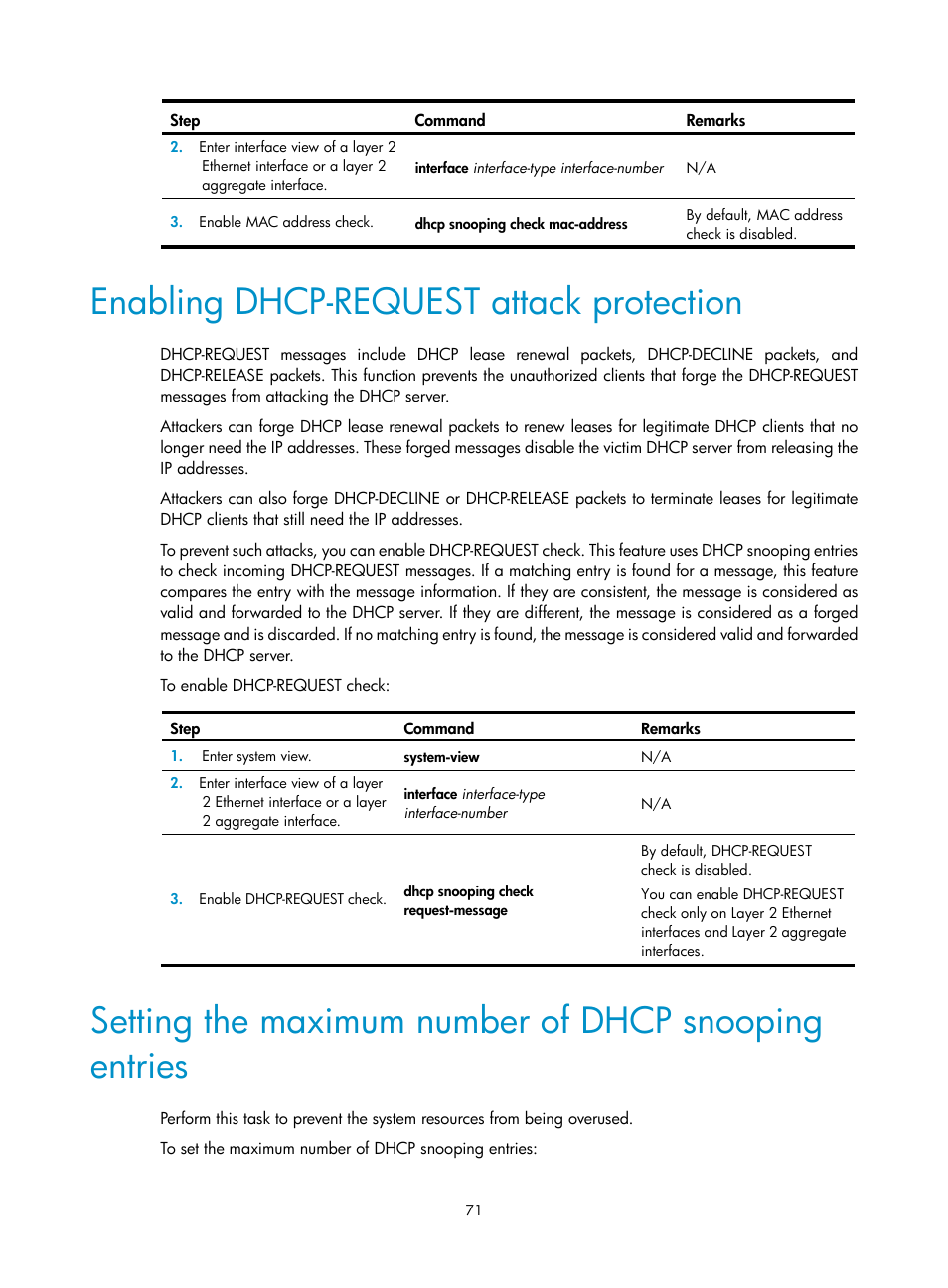 Enabling dhcp-request attack protection | H3C Technologies H3C S12500-X Series Switches User Manual | Page 82 / 206