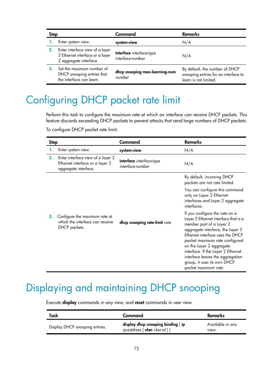 Configuring dhcp packet rate limit, Displaying and maintaining dhcp snooping, Dhcp option customization configuration example | H3C Technologies H3C S12500-X Series Switches User Manual | Page 83 / 206