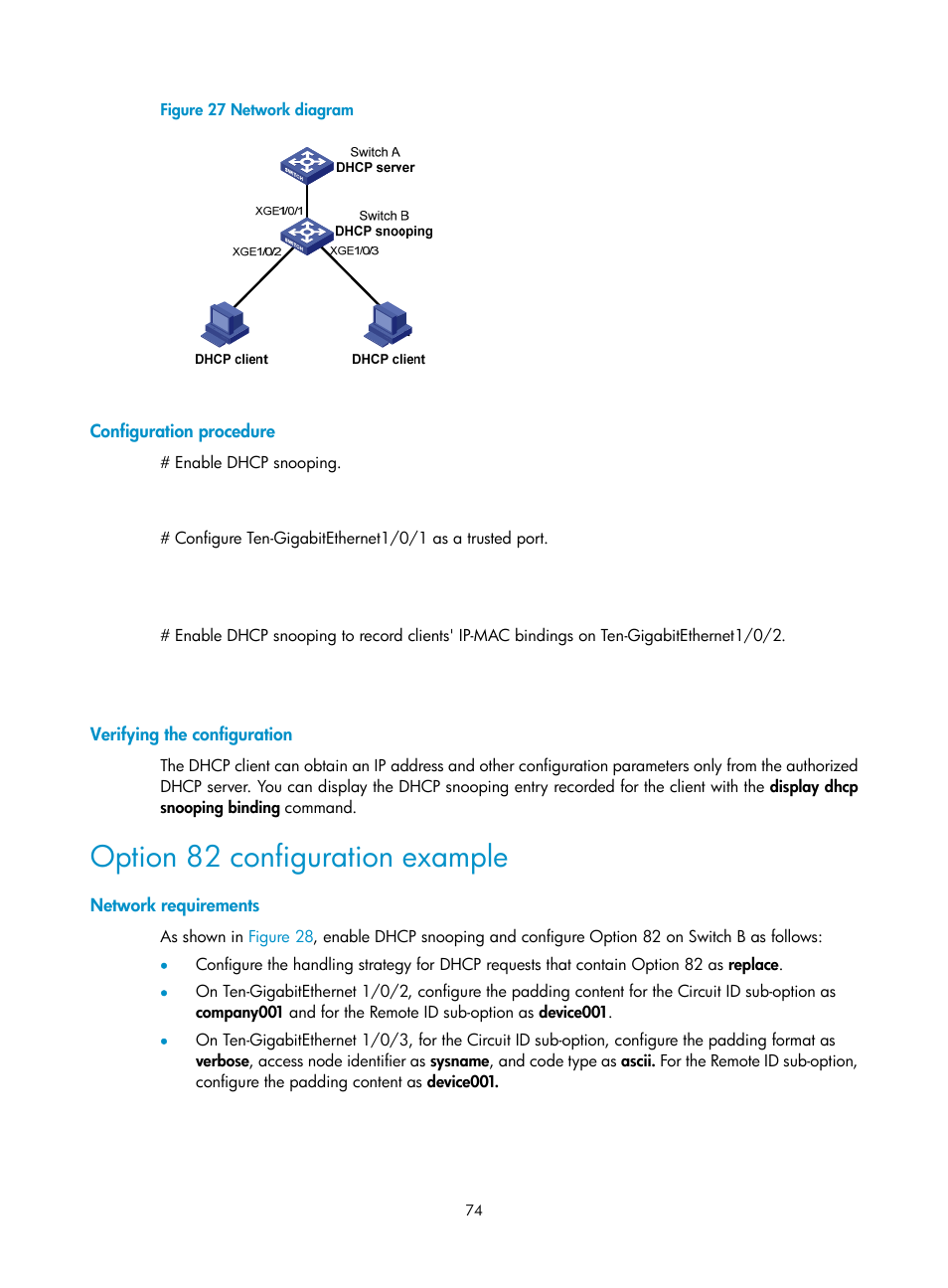 Configuration procedure, Verifying the configuration, Option 82 configuration example | Network requirements | H3C Technologies H3C S12500-X Series Switches User Manual | Page 85 / 206