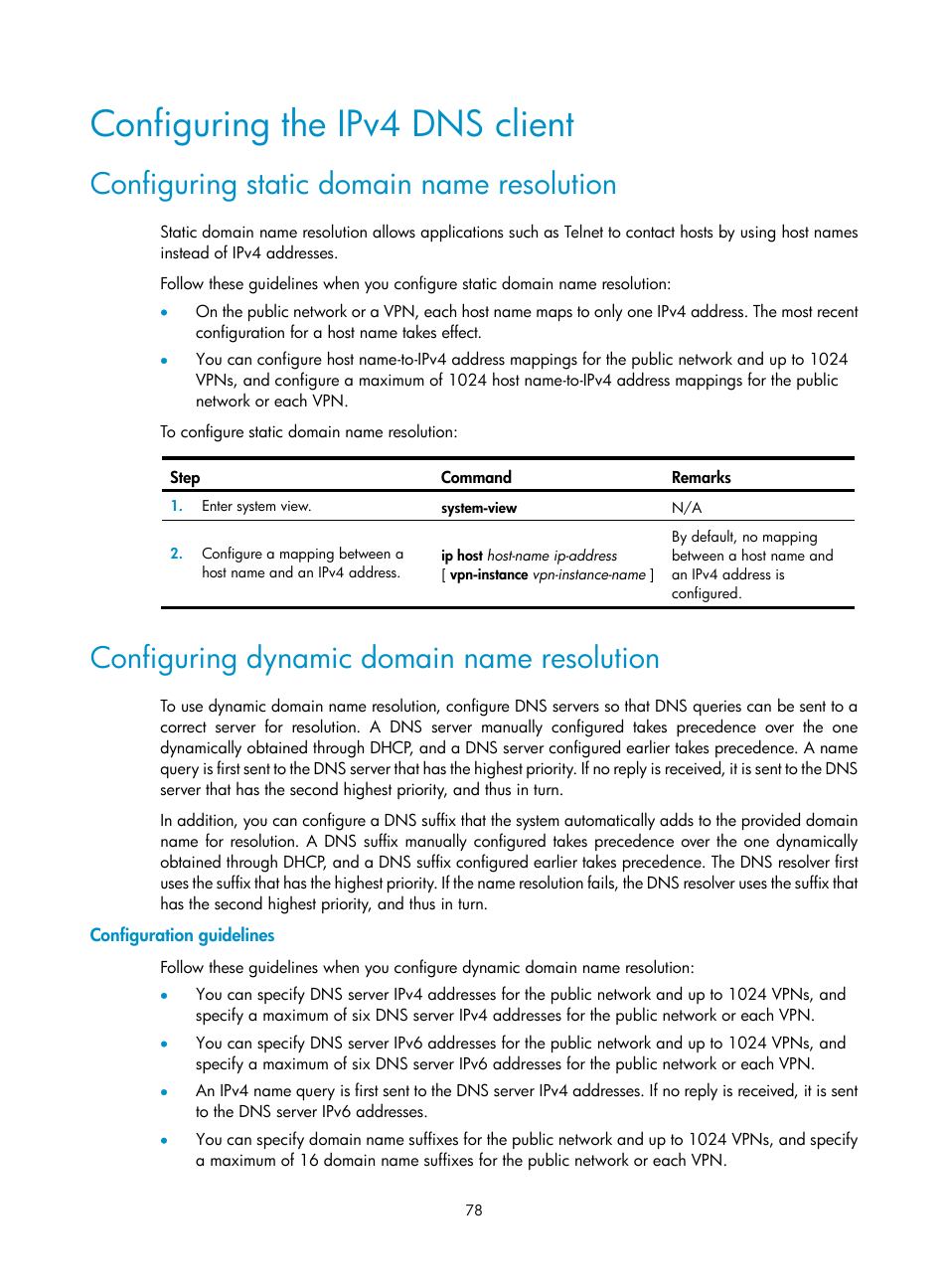 Configuring the ipv4 dns client, Configuring static domain name resolution, Configuring dynamic domain name resolution | Configuration guidelines, Enabling dhcp, Enabling the dhcp relay agent on an interface | H3C Technologies H3C S12500-X Series Switches User Manual | Page 89 / 206