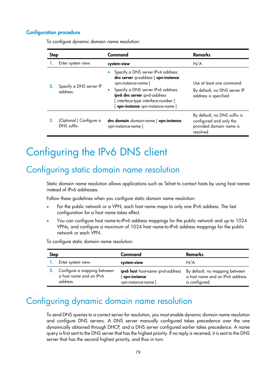 Configuration procedure, Configuring the ipv6 dns client, Configuring static domain name resolution | Configuring dynamic domain name resolution, Specifying dhcp servers on a relay agent | H3C Technologies H3C S12500-X Series Switches User Manual | Page 90 / 206