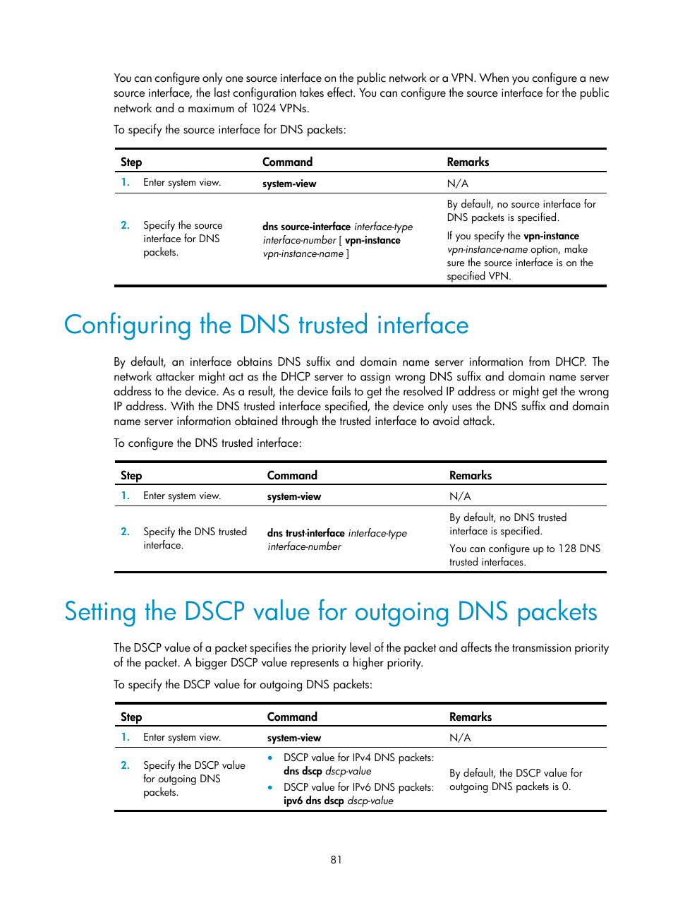 Configuring the dns trusted interface, Setting the dscp value for outgoing dns packets, Enabling dhcp starvation attack protection | H3C Technologies H3C S12500-X Series Switches User Manual | Page 92 / 206