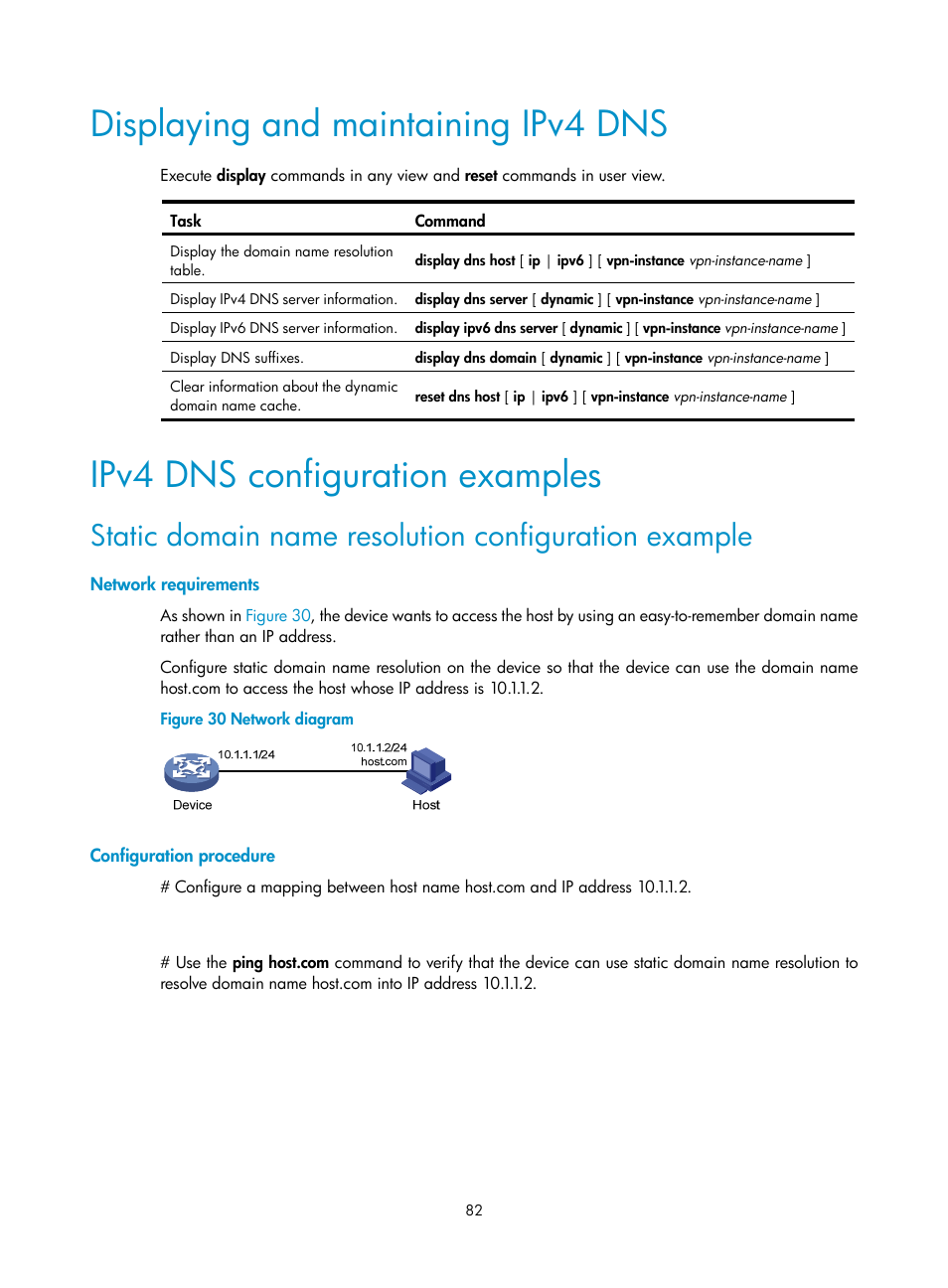 Displaying and maintaining ipv4 dns, Ipv4 dns configuration examples, Network requirements | Configuration procedure | H3C Technologies H3C S12500-X Series Switches User Manual | Page 93 / 206