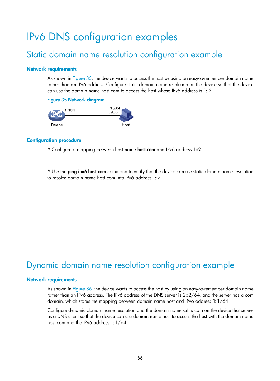 Ipv6 dns configuration examples, Network requirements, Configuration procedure | Dhcp relay agent configuration examples, Dhcp relay agent configuration example | H3C Technologies H3C S12500-X Series Switches User Manual | Page 97 / 206