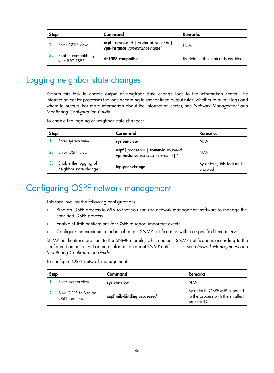 Route types, Route calculation, Logging neighbor state changes | Configuring ospf network management | H3C Technologies H3C S12500-X Series Switches User Manual | Page 100 / 442