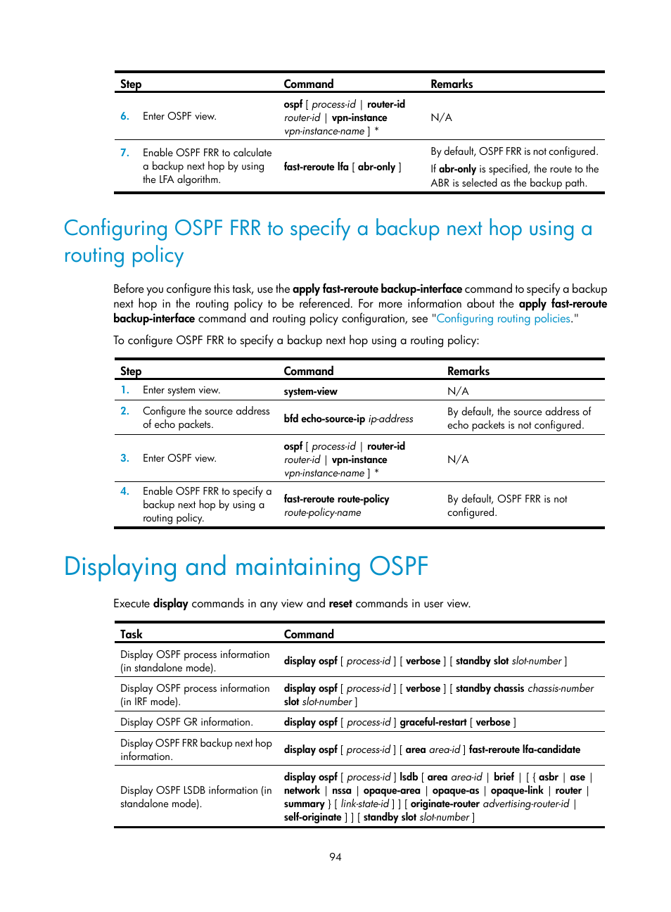 Configuring an nssa area, Displaying and maintaining ospf | H3C Technologies H3C S12500-X Series Switches User Manual | Page 108 / 442