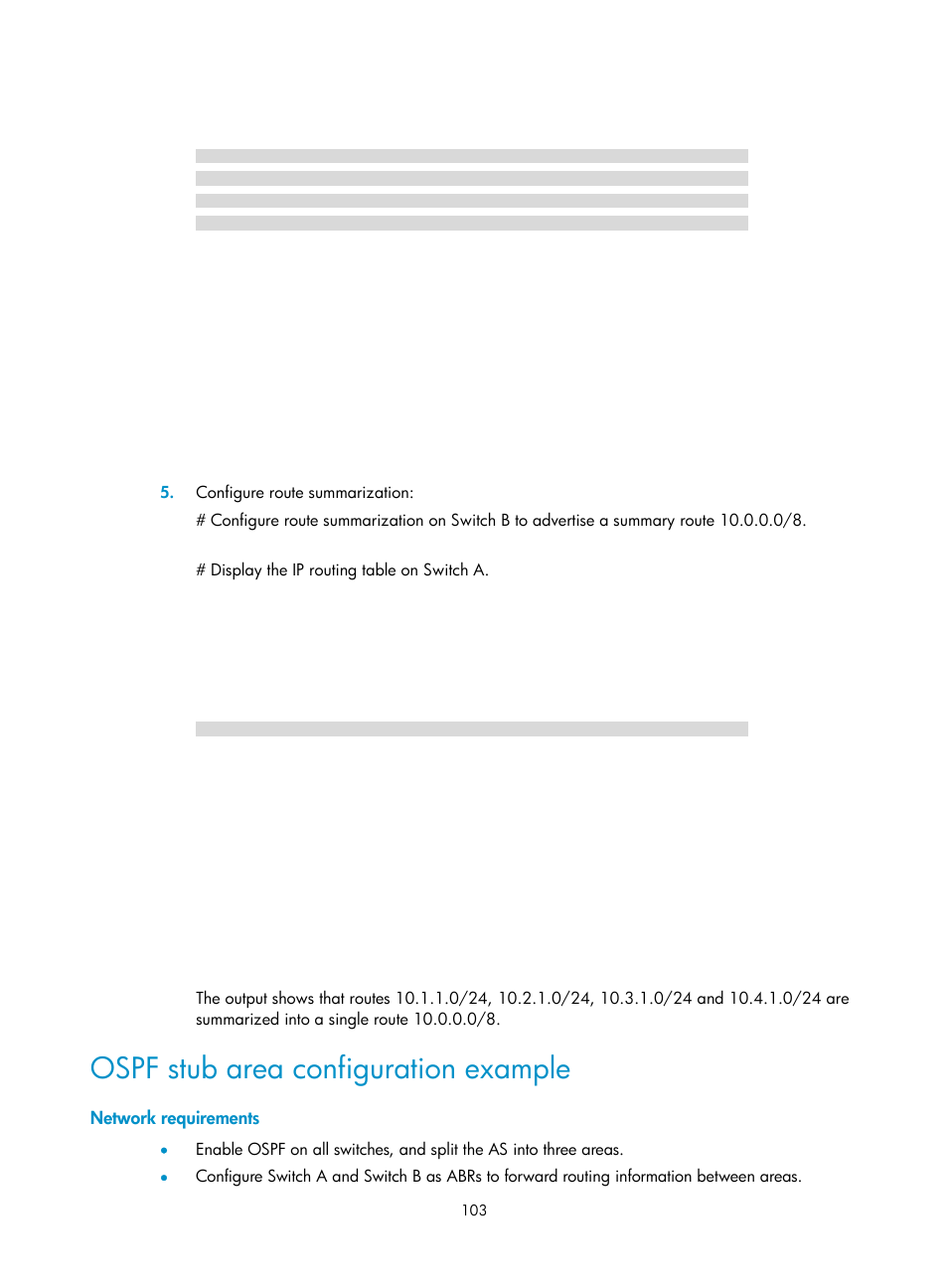 Configuring an ospf cost for an interface, Ospf stub area configuration example | H3C Technologies H3C S12500-X Series Switches User Manual | Page 117 / 442