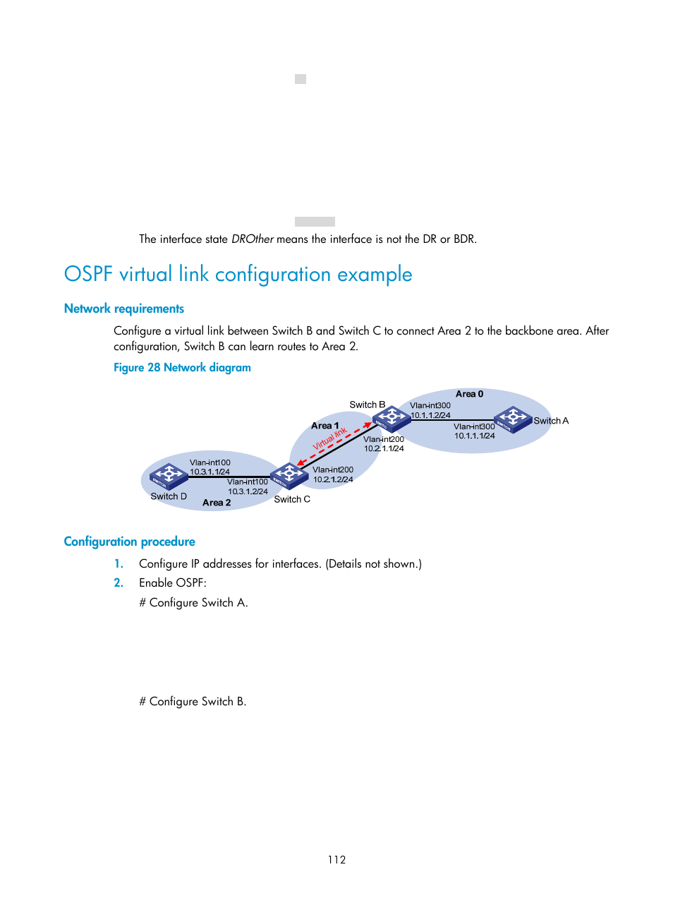 Specifying the lsa generation interval, Ospf virtual link configuration example | H3C Technologies H3C S12500-X Series Switches User Manual | Page 126 / 442