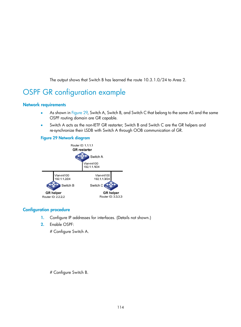 Configuring stub routers, Configuring ospf authentication, Ospf gr configuration example | H3C Technologies H3C S12500-X Series Switches User Manual | Page 128 / 442