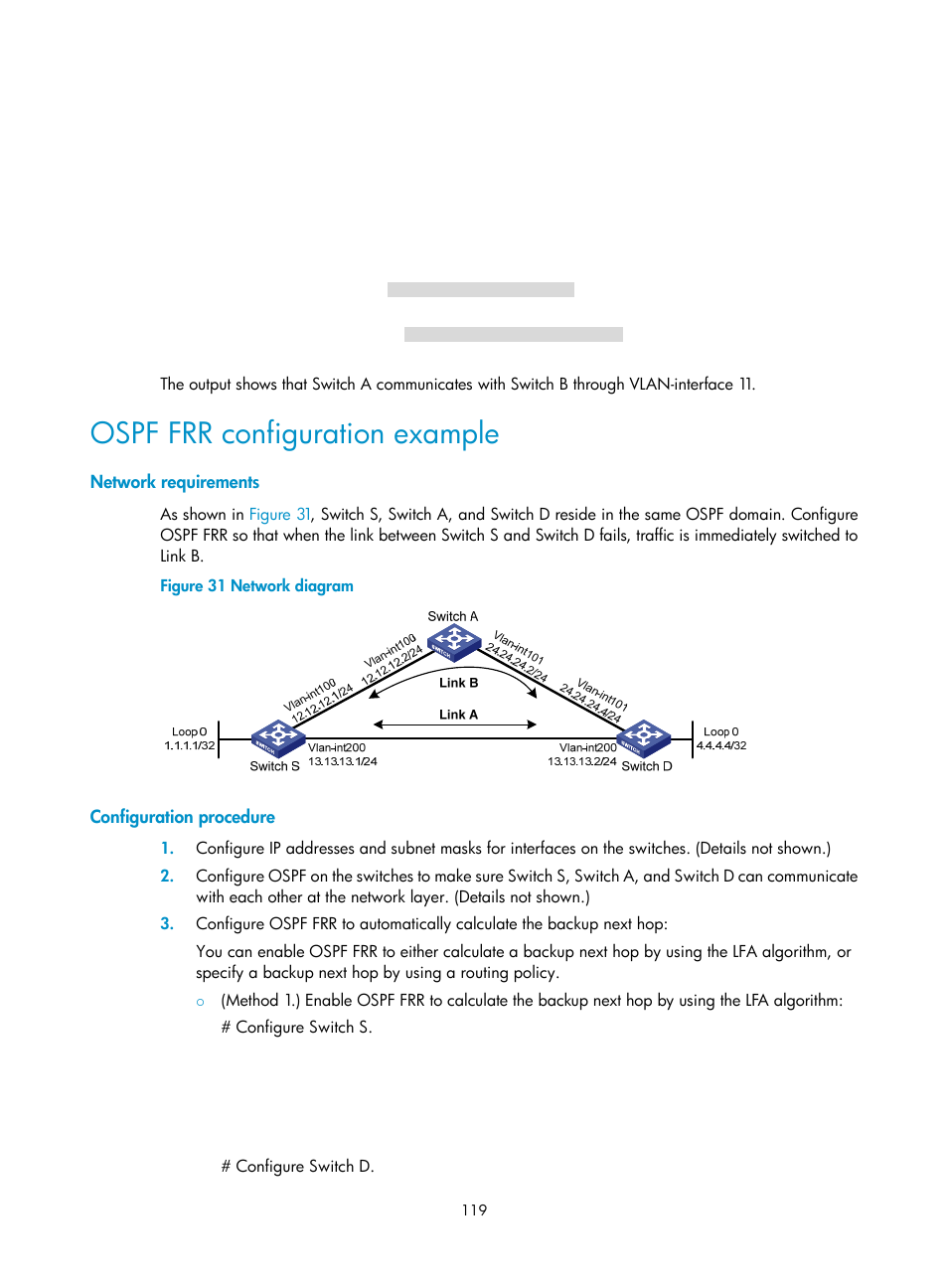 Logging neighbor state changes, Ospf frr configuration example | H3C Technologies H3C S12500-X Series Switches User Manual | Page 133 / 442