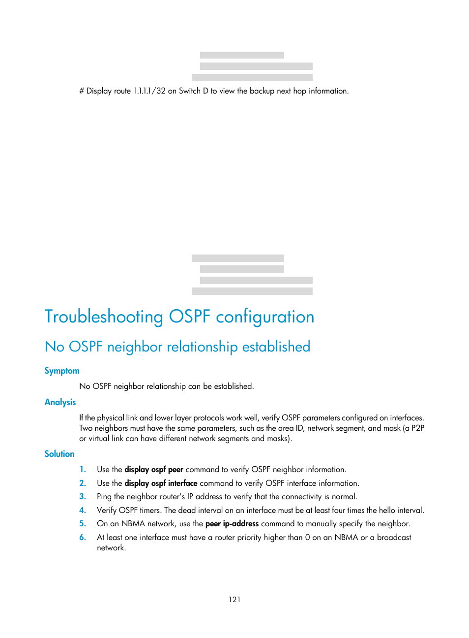 Configuring the lsu transmit rate, Enabling ospf ispf, Troubleshooting ospf configuration | No ospf neighbor relationship established | H3C Technologies H3C S12500-X Series Switches User Manual | Page 135 / 442