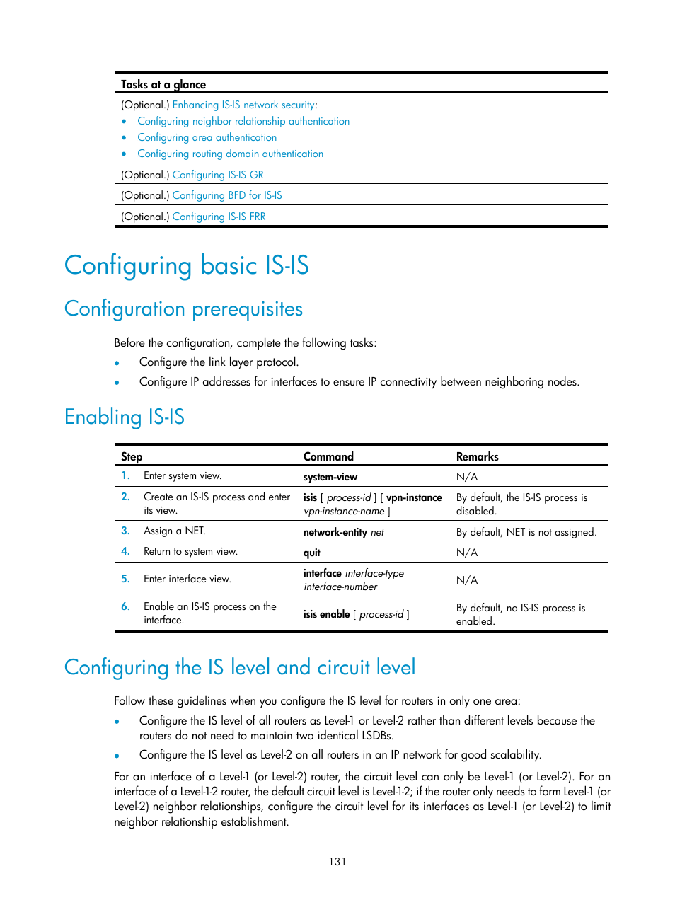 Configuring single-hop echo detection, Configuring ospf frr, Configuring basic is-is | Configuration prerequisites, Enabling is-is, Configuring the is level and circuit level | H3C Technologies H3C S12500-X Series Switches User Manual | Page 145 / 442