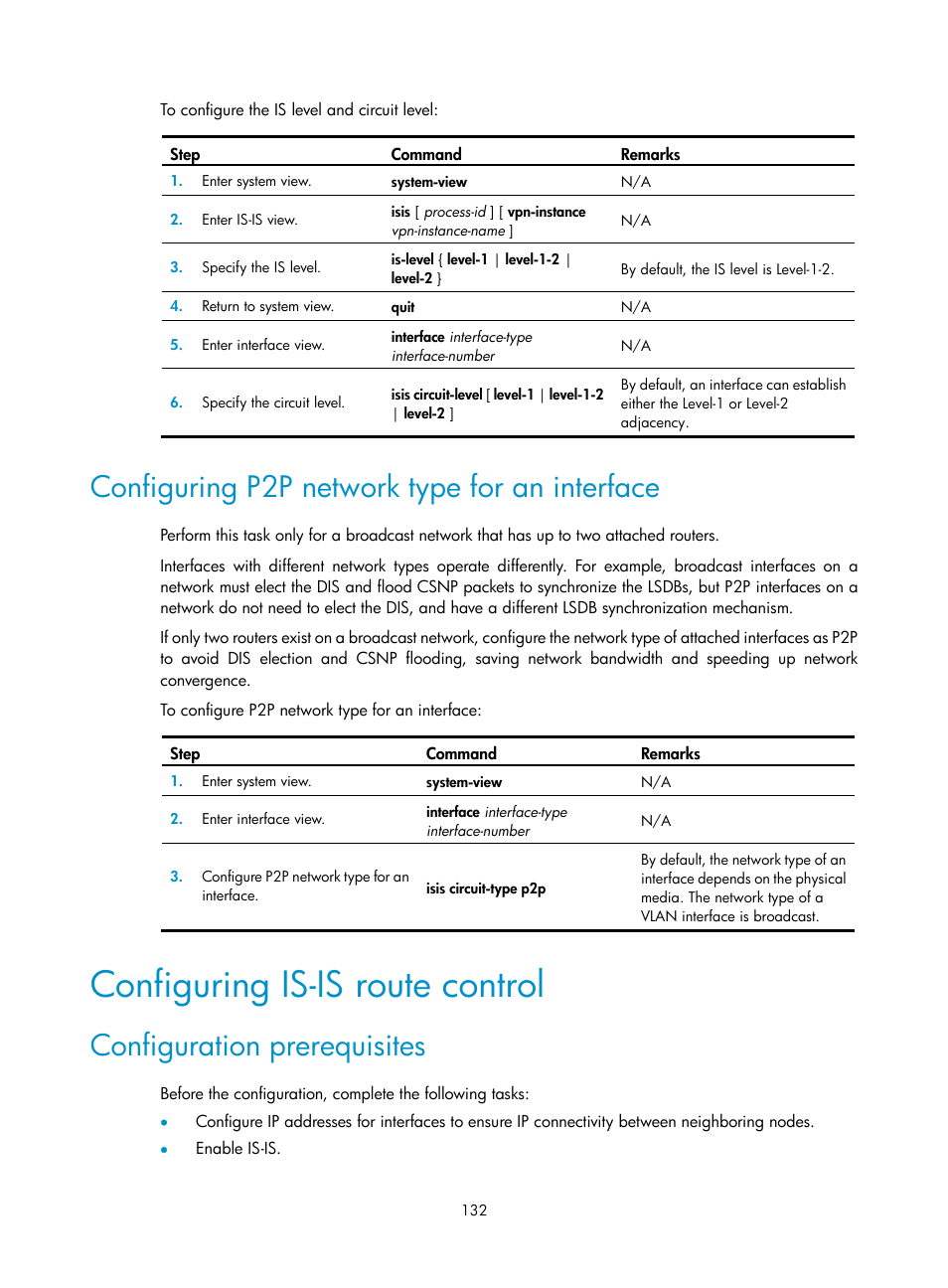 Configuration prerequisites, Configuration guidelines, Configuring is-is route control | Configuring p2p network type for an interface | H3C Technologies H3C S12500-X Series Switches User Manual | Page 146 / 442