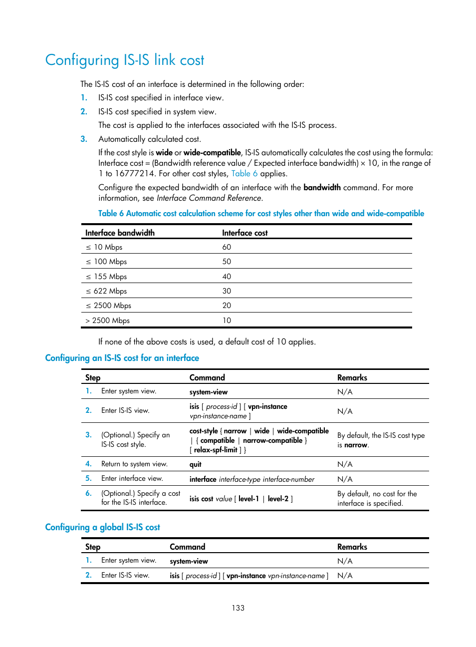 Configuring is-is link cost | H3C Technologies H3C S12500-X Series Switches User Manual | Page 147 / 442