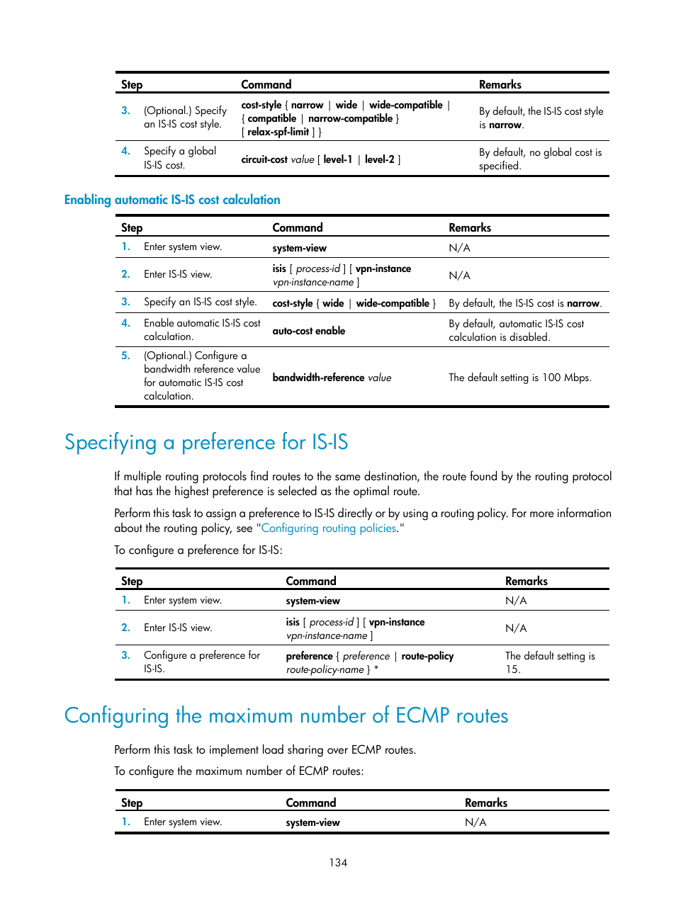 Displaying and maintaining ospf, Specifying a preference for is-is, Configuring the maximum number of ecmp routes | H3C Technologies H3C S12500-X Series Switches User Manual | Page 148 / 442