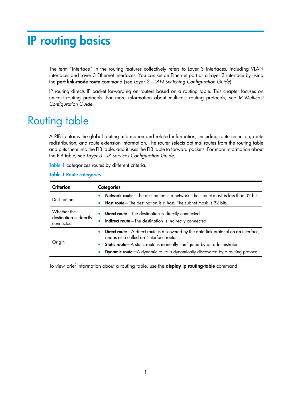 Ip routing basics, Routing table | H3C Technologies H3C S12500-X Series Switches User Manual | Page 15 / 442