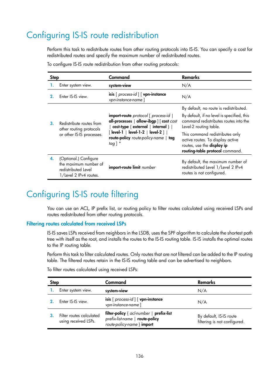 Ospf configuration examples, Basic ospf configuration example, Configuring is-is route redistribution | Configuring is-is route filtering | H3C Technologies H3C S12500-X Series Switches User Manual | Page 150 / 442