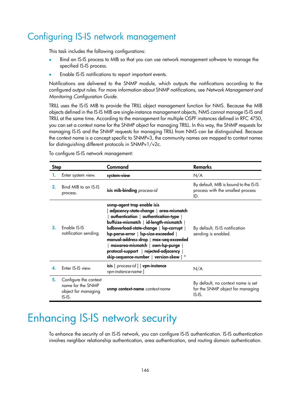 Enhancing is-is network security, Configuring is-is network management | H3C Technologies H3C S12500-X Series Switches User Manual | Page 160 / 442