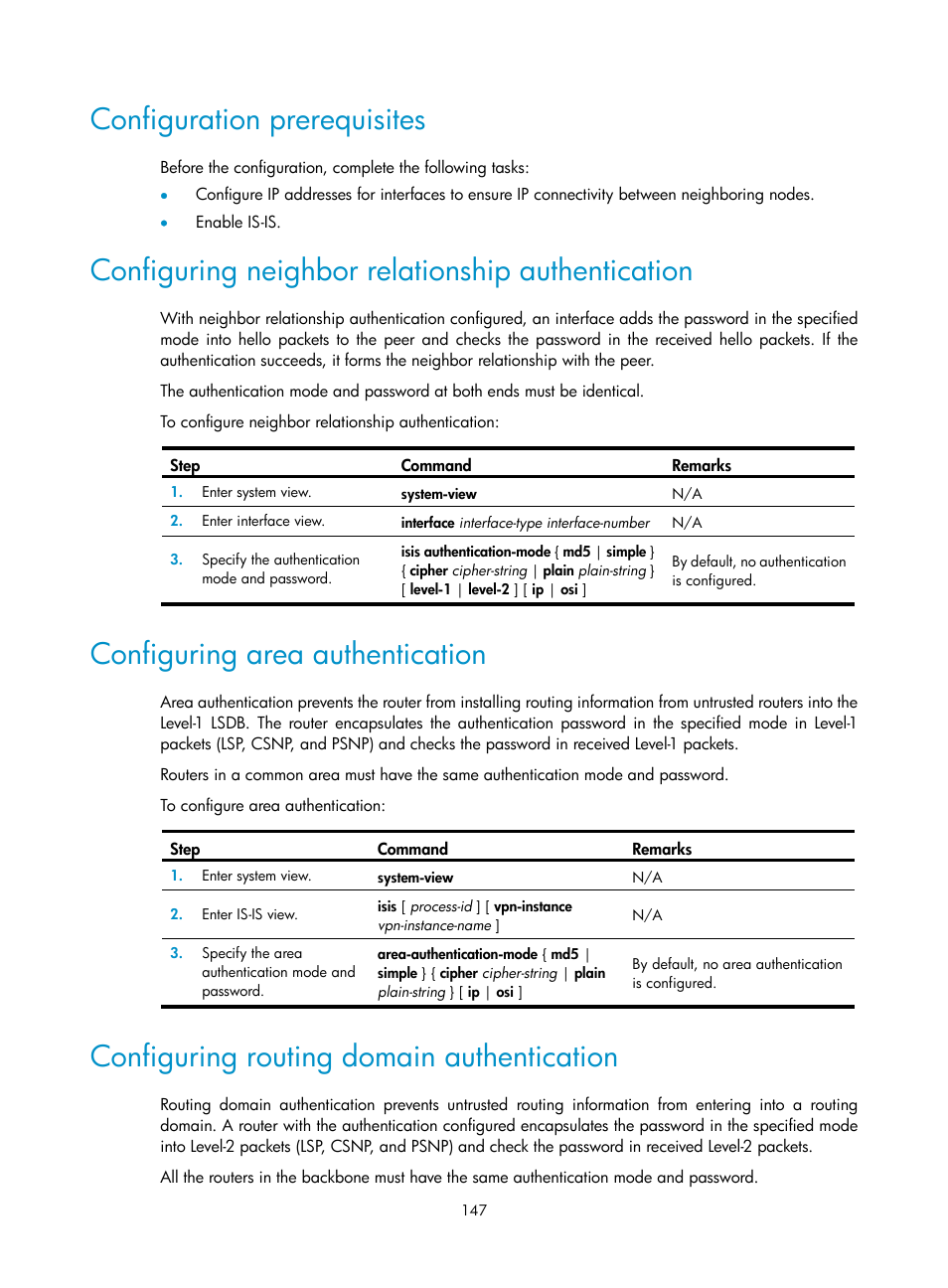 Configuration prerequisites, Configuring neighbor relationship authentication, Configuring area authentication | Configuring routing domain authentication | H3C Technologies H3C S12500-X Series Switches User Manual | Page 161 / 442