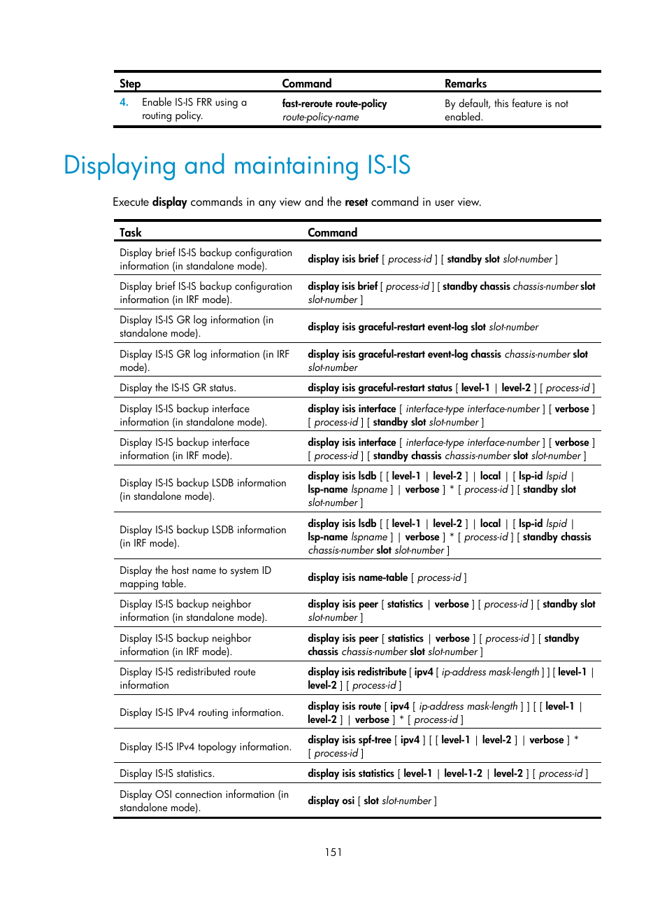 Displaying and maintaining is-is | H3C Technologies H3C S12500-X Series Switches User Manual | Page 165 / 442