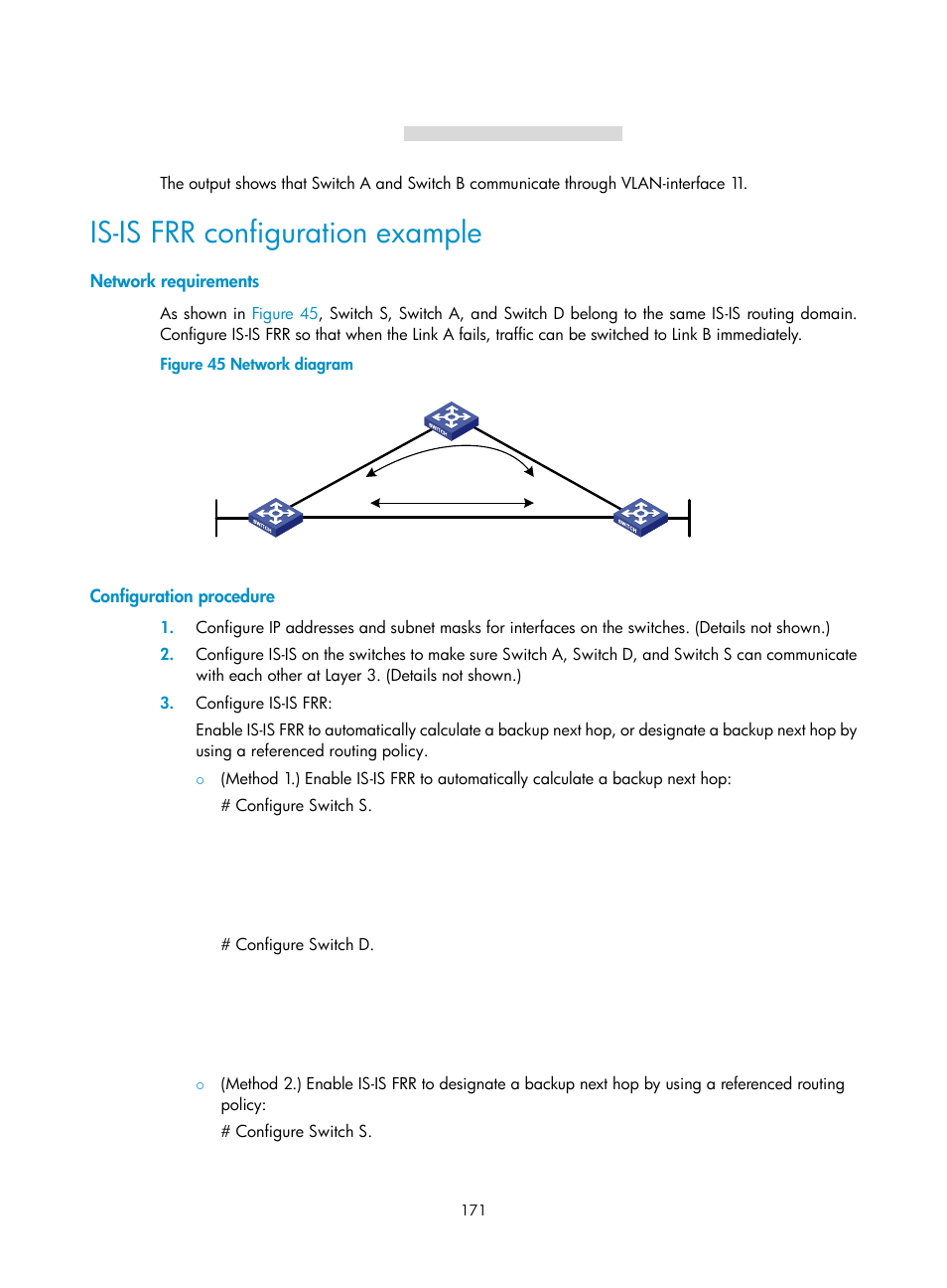 Is-is frr configuration example, Network requirements, Configuration procedure | H3C Technologies H3C S12500-X Series Switches User Manual | Page 185 / 442