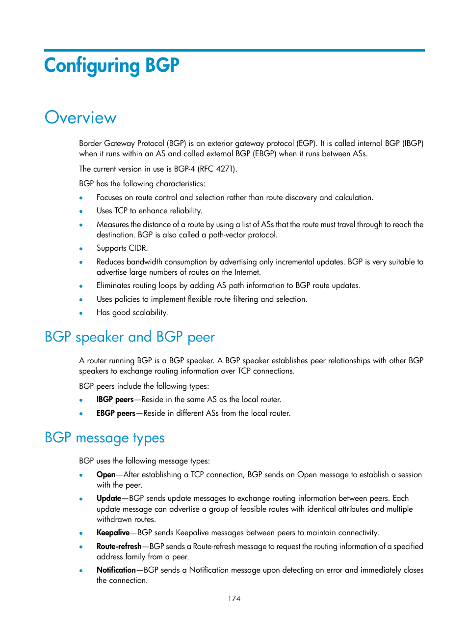 Configuring bgp, Overview, Bgp speaker and bgp peer | Bgp message types | H3C Technologies H3C S12500-X Series Switches User Manual | Page 188 / 442