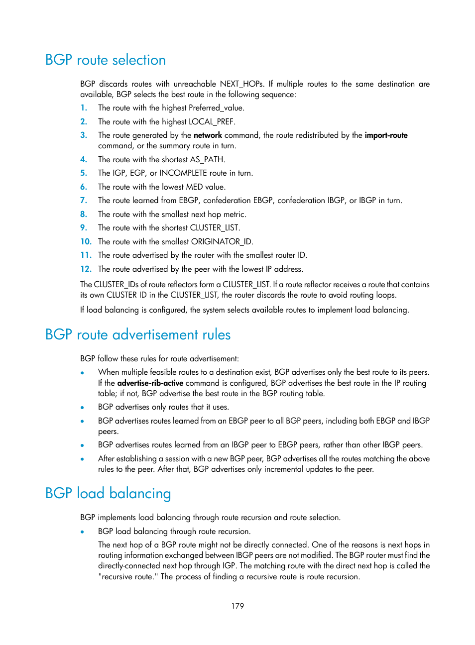 Configuring p2p network type for an interface, Bgp route selection, Bgp route advertisement rules | Bgp load balancing | H3C Technologies H3C S12500-X Series Switches User Manual | Page 193 / 442