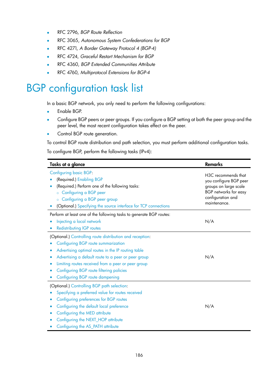 Configuring is-is route filtering, Bgp configuration task list | H3C Technologies H3C S12500-X Series Switches User Manual | Page 200 / 442