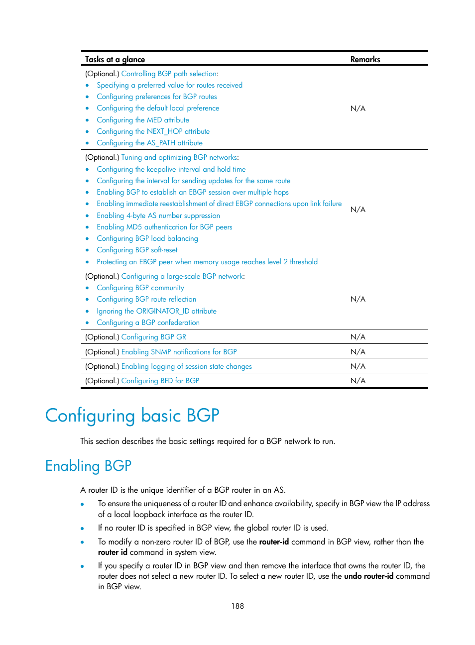 Tuning and optimizing is-is networks, Configuration prerequisites, Configuring basic bgp | Enabling bgp | H3C Technologies H3C S12500-X Series Switches User Manual | Page 202 / 442