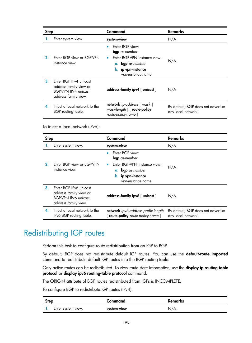 Redistributing igp routes | H3C Technologies H3C S12500-X Series Switches User Manual | Page 212 / 442