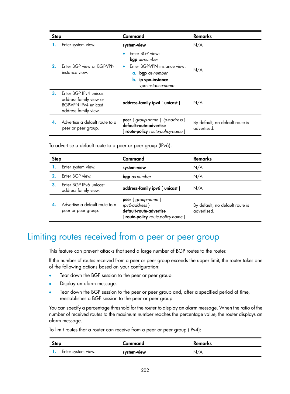 Configuring neighbor relationship authentication, Limiting routes received from a peer or peer group | H3C Technologies H3C S12500-X Series Switches User Manual | Page 216 / 442