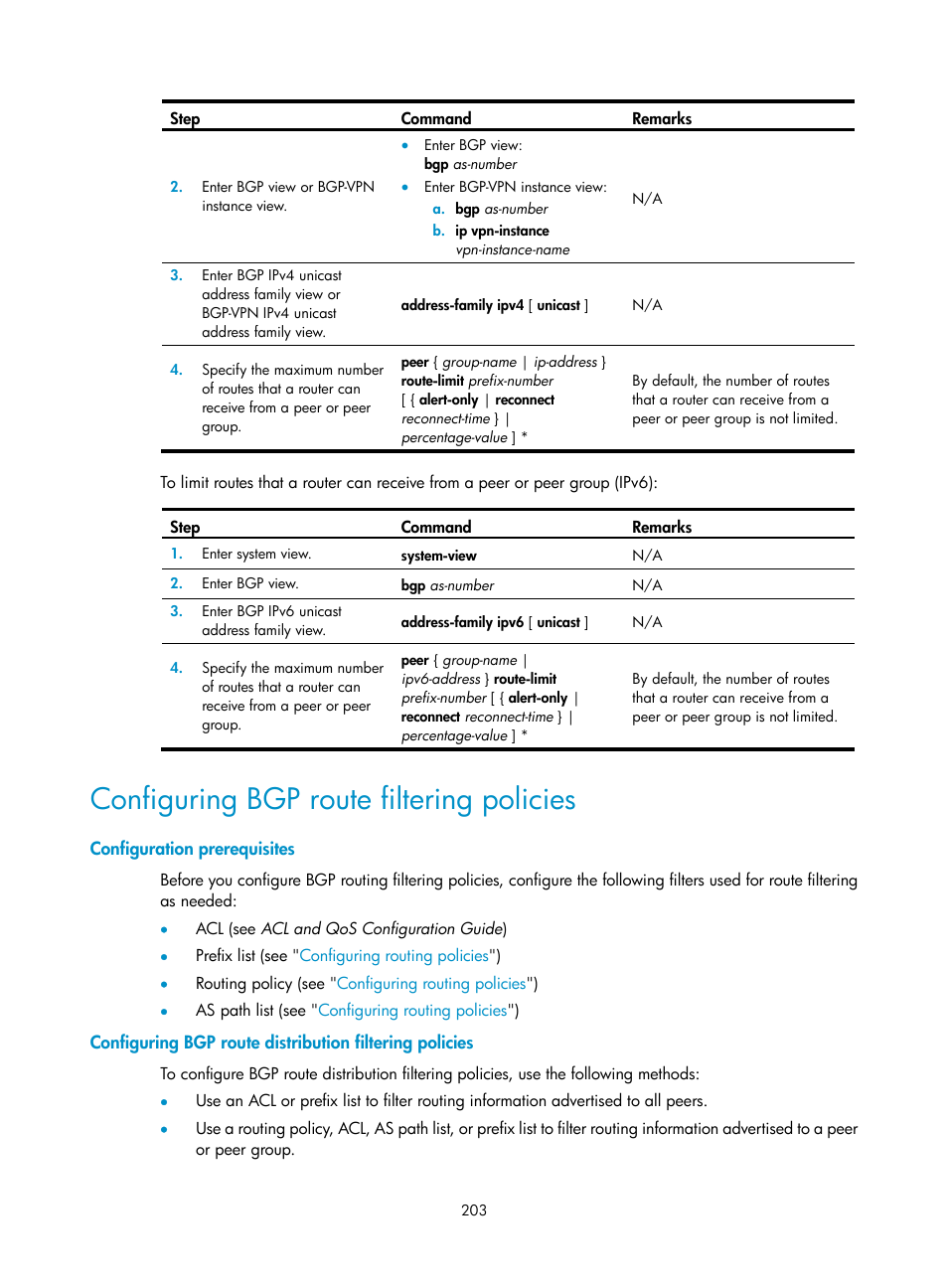 Configuring area authentication, Configuring bgp route filtering policies | H3C Technologies H3C S12500-X Series Switches User Manual | Page 217 / 442