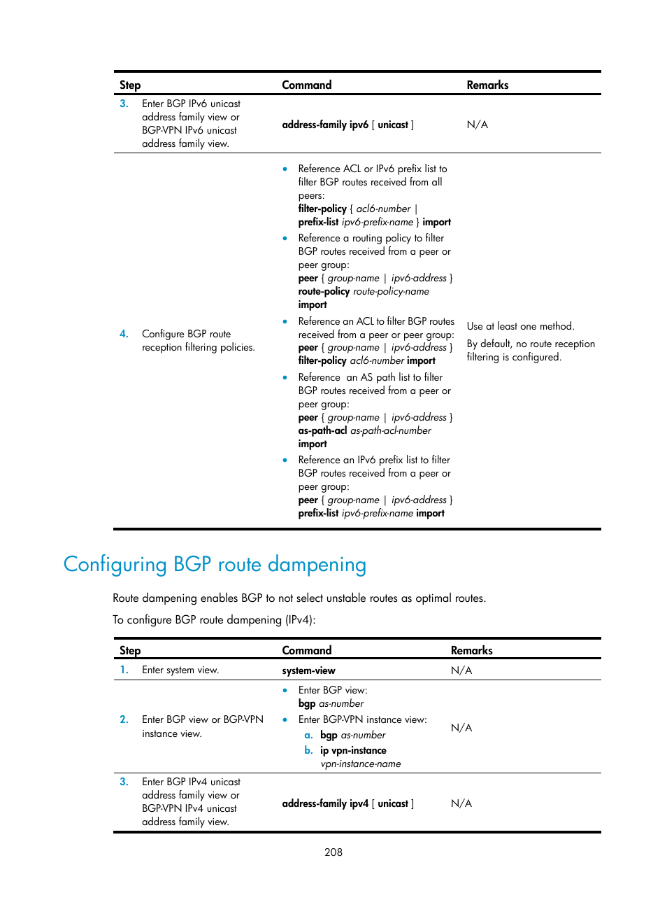 Configuring is-is frr using a routing policy, Configuring bgp route dampening | H3C Technologies H3C S12500-X Series Switches User Manual | Page 222 / 442