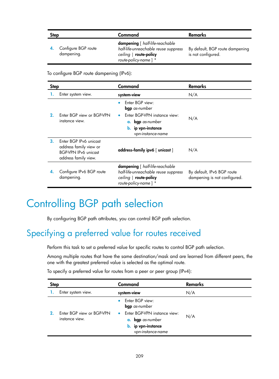 Displaying and maintaining is-is, Controlling bgp path selection, Specifying a preferred value for routes received | H3C Technologies H3C S12500-X Series Switches User Manual | Page 223 / 442