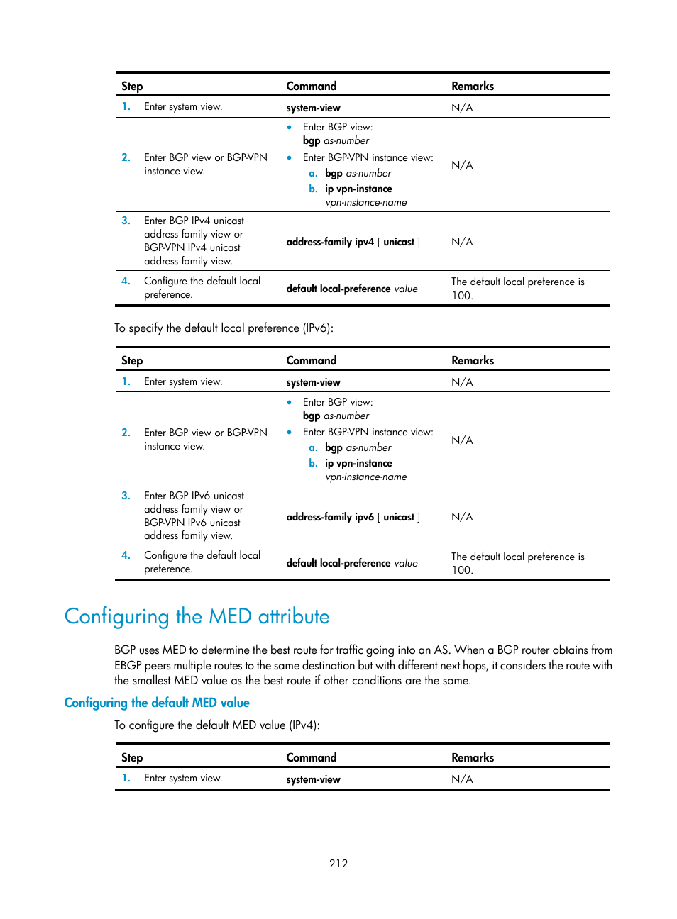 Configuring the med attribute | H3C Technologies H3C S12500-X Series Switches User Manual | Page 226 / 442