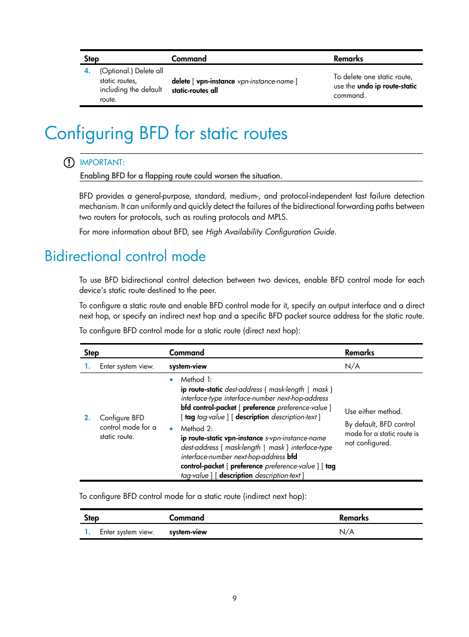 Configuring bfd for static routes, Bidirectional control mode | H3C Technologies H3C S12500-X Series Switches User Manual | Page 23 / 442