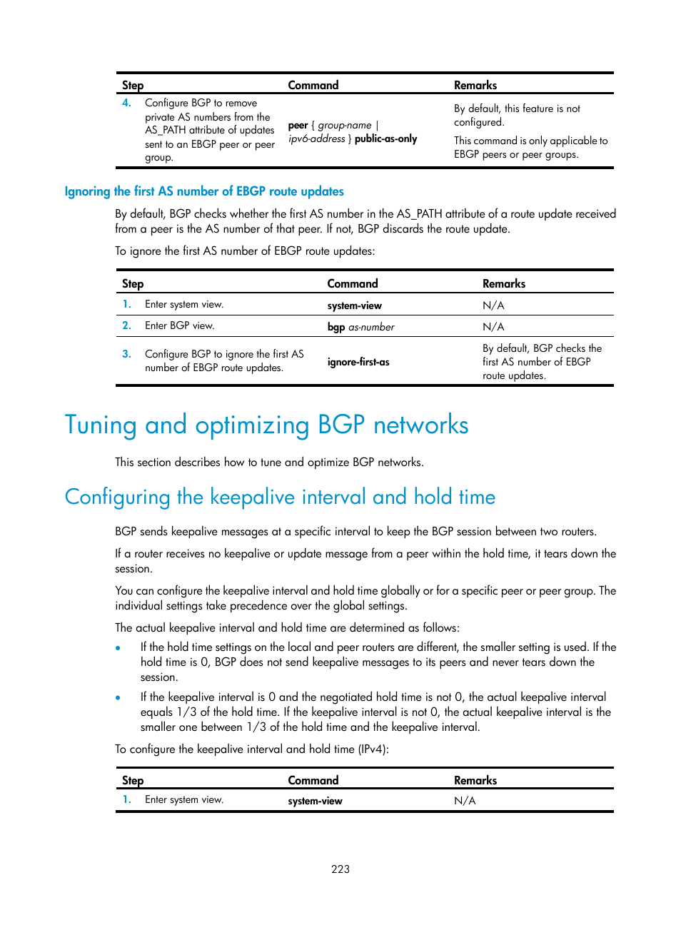 Is-is authentication configuration example, Tuning and optimizing bgp networks, Configuring the keepalive interval and hold time | H3C Technologies H3C S12500-X Series Switches User Manual | Page 237 / 442