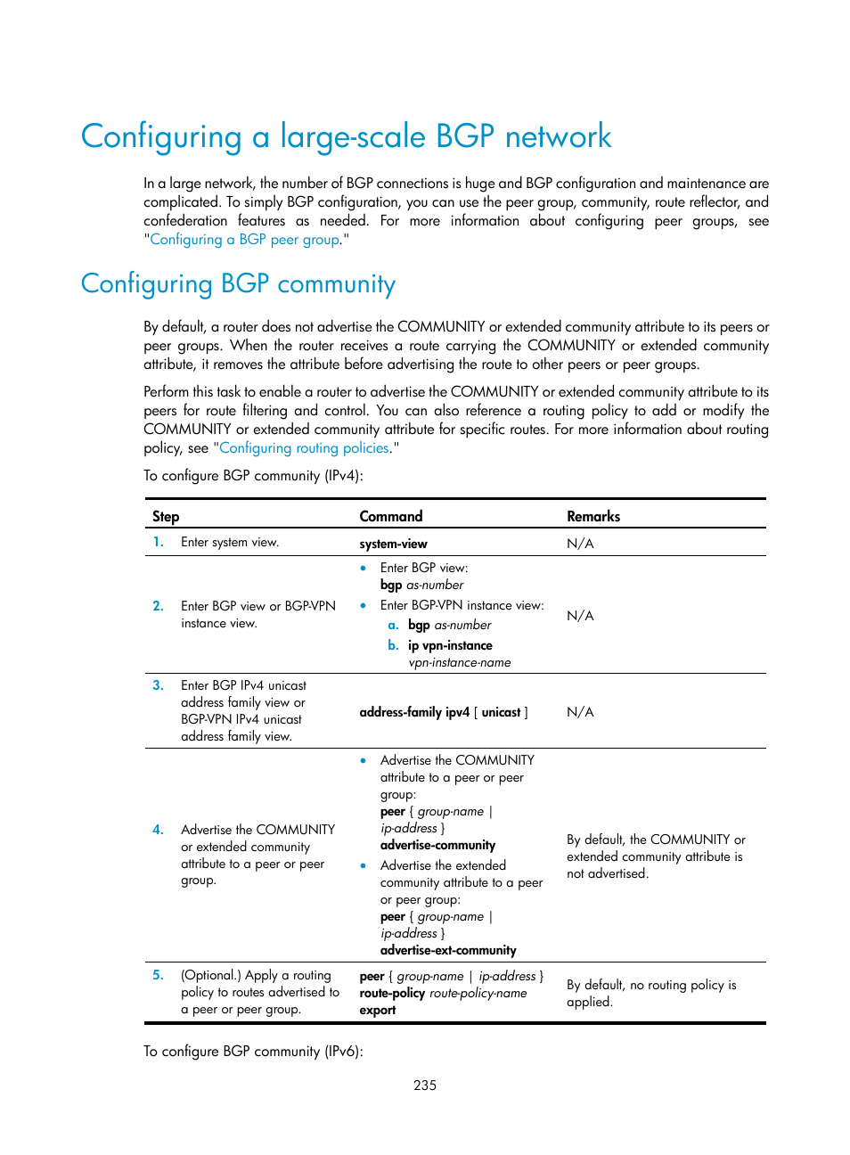 Bgp speaker and bgp peer, Bgp message types, Configuring a large-scale bgp network | Configuring bgp community | H3C Technologies H3C S12500-X Series Switches User Manual | Page 249 / 442