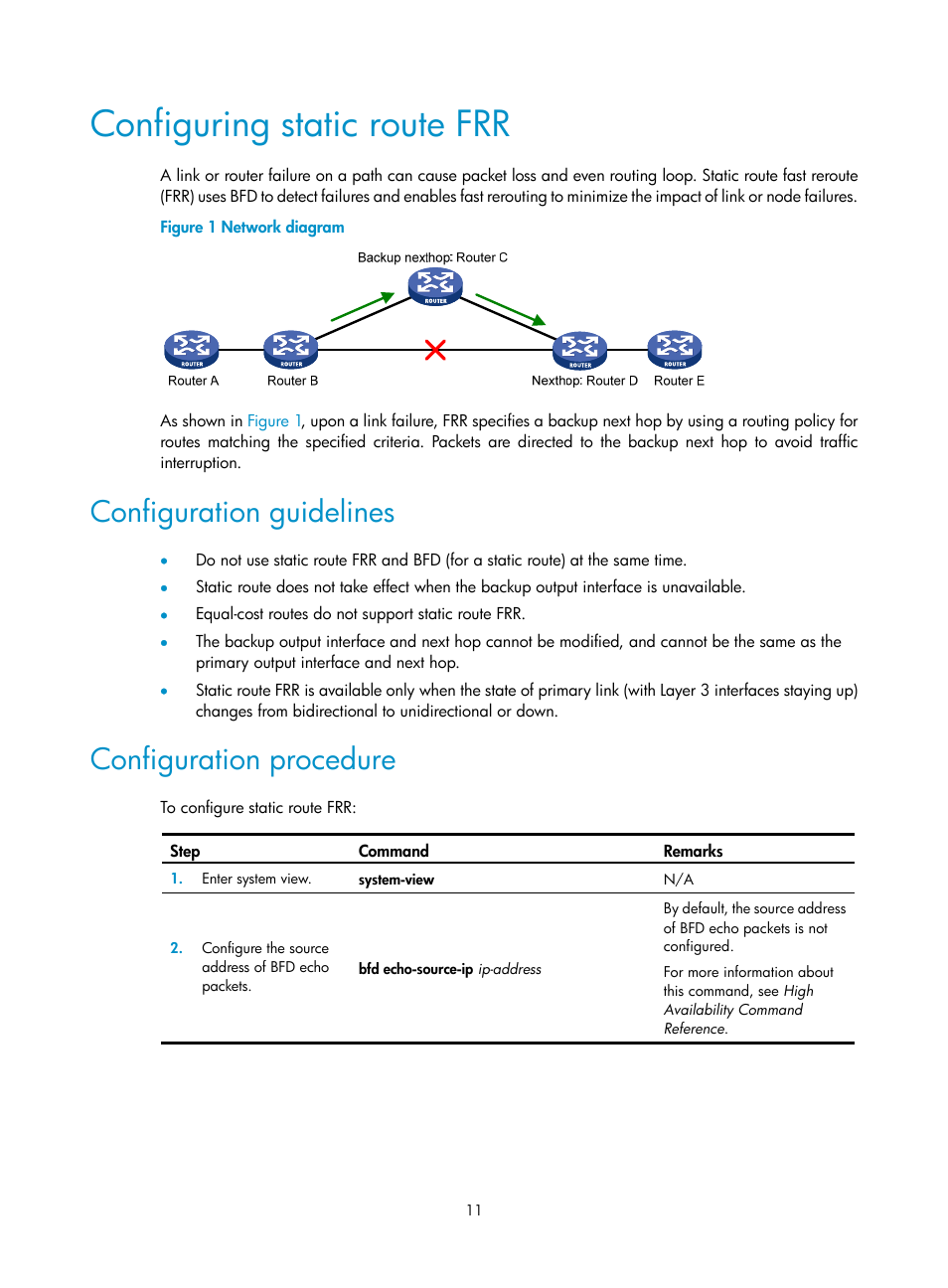 Configuring static route frr, Configuration guidelines, Configuration procedure | H3C Technologies H3C S12500-X Series Switches User Manual | Page 25 / 442