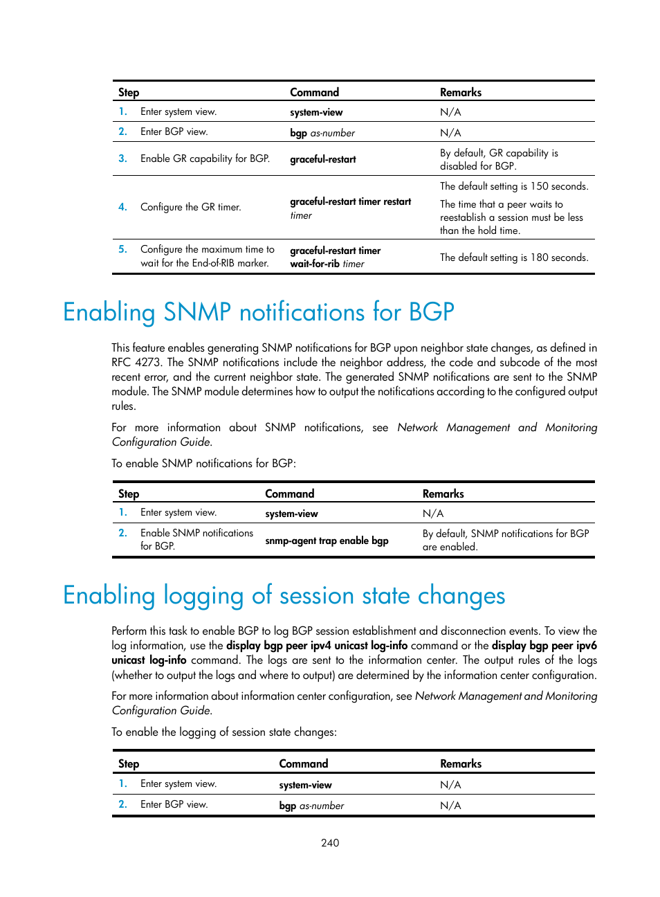 Bgp route selection, Enabling snmp notifications for bgp, Enabling logging of session state changes | H3C Technologies H3C S12500-X Series Switches User Manual | Page 254 / 442