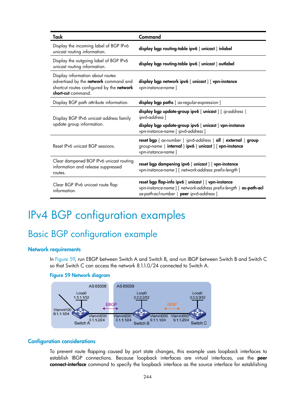 Ipv4 bgp configuration examples, Basic bgp configuration example | H3C Technologies H3C S12500-X Series Switches User Manual | Page 258 / 442