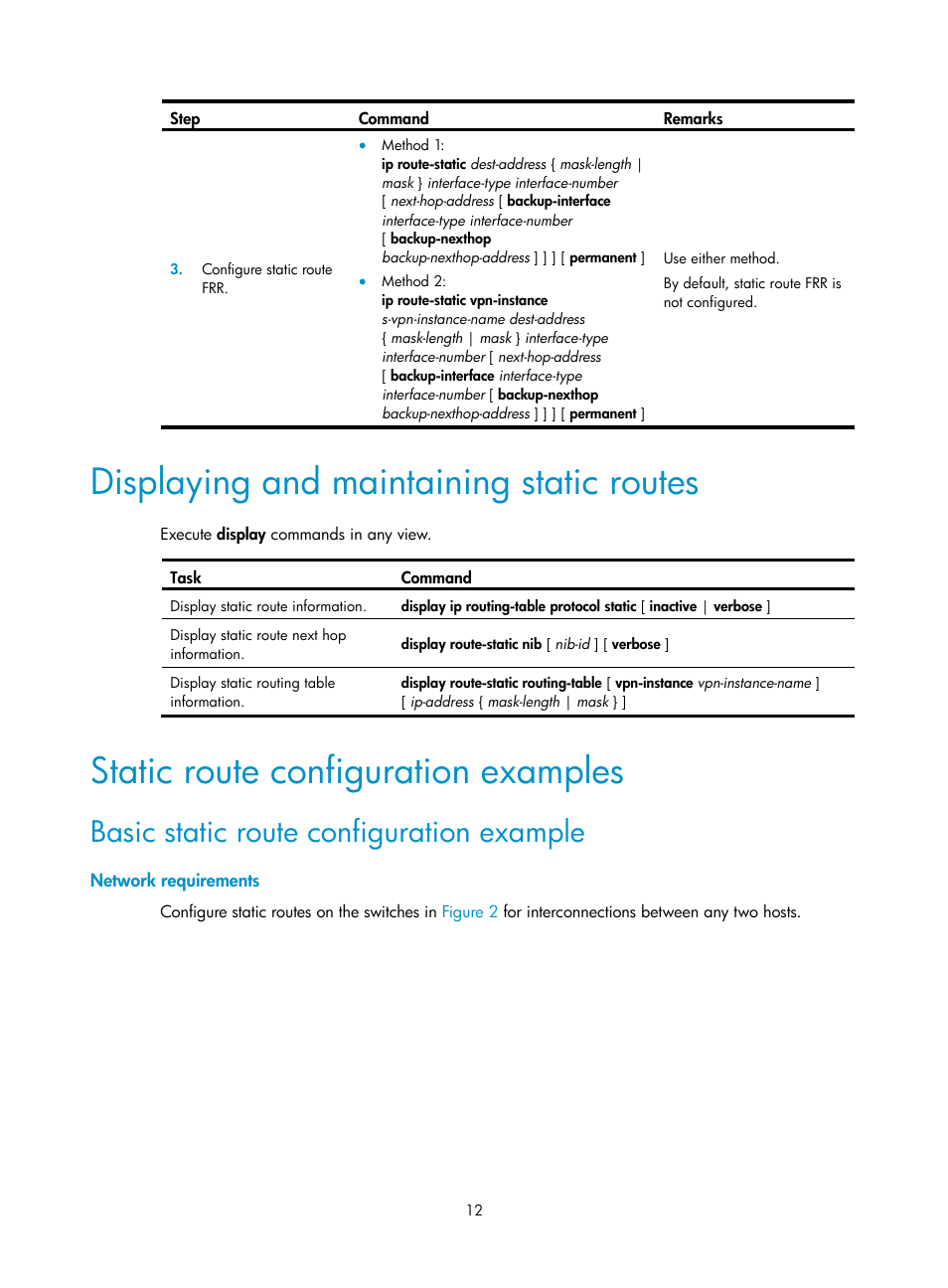 Displaying and maintaining static routes, Static route configuration examples, Basic static route configuration example | H3C Technologies H3C S12500-X Series Switches User Manual | Page 26 / 442