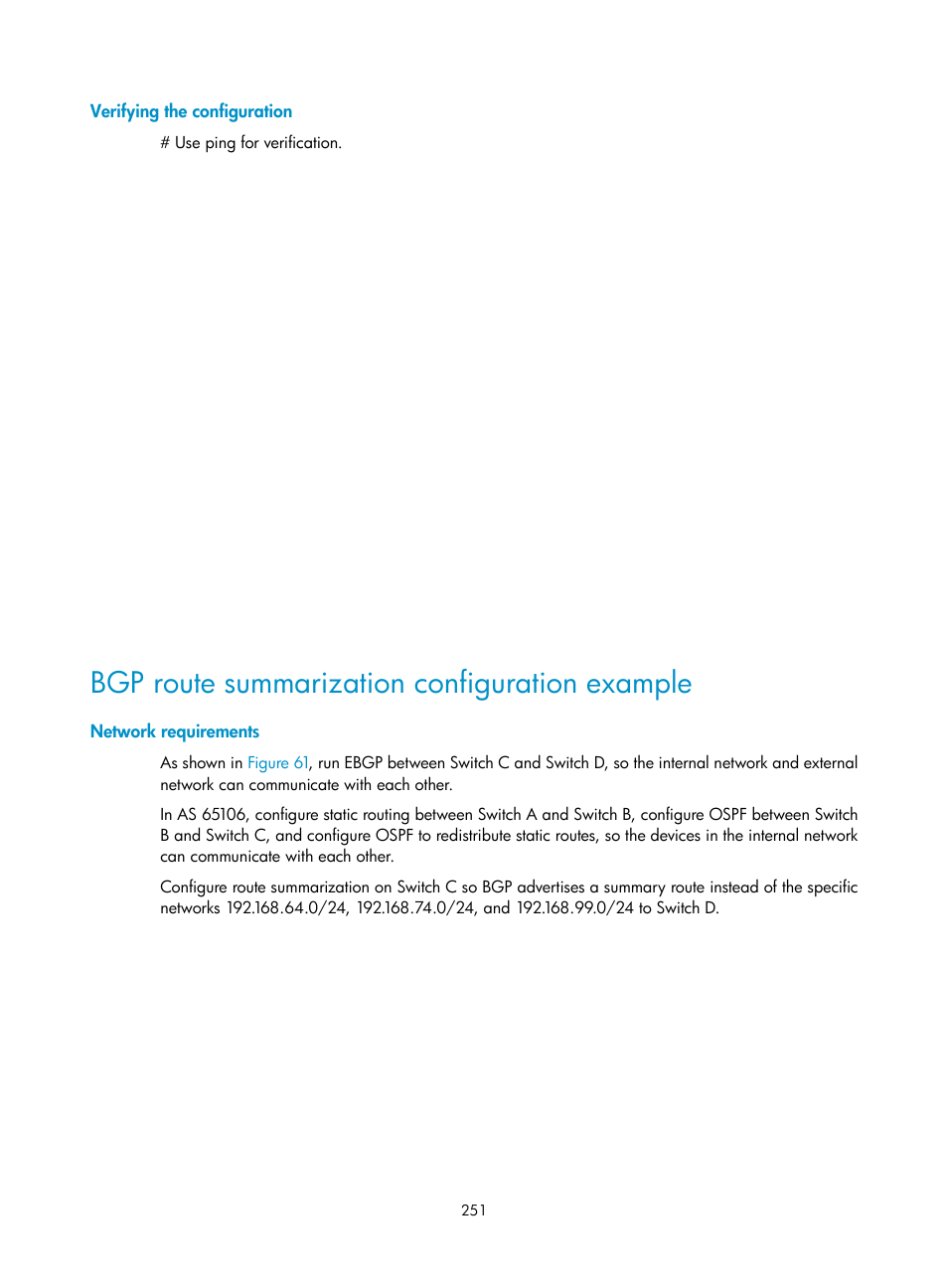 Bgp route summarization configuration example | H3C Technologies H3C S12500-X Series Switches User Manual | Page 265 / 442