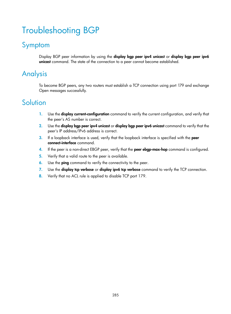 Troubleshooting bgp, Symptom, Analysis | Solution | H3C Technologies H3C S12500-X Series Switches User Manual | Page 299 / 442